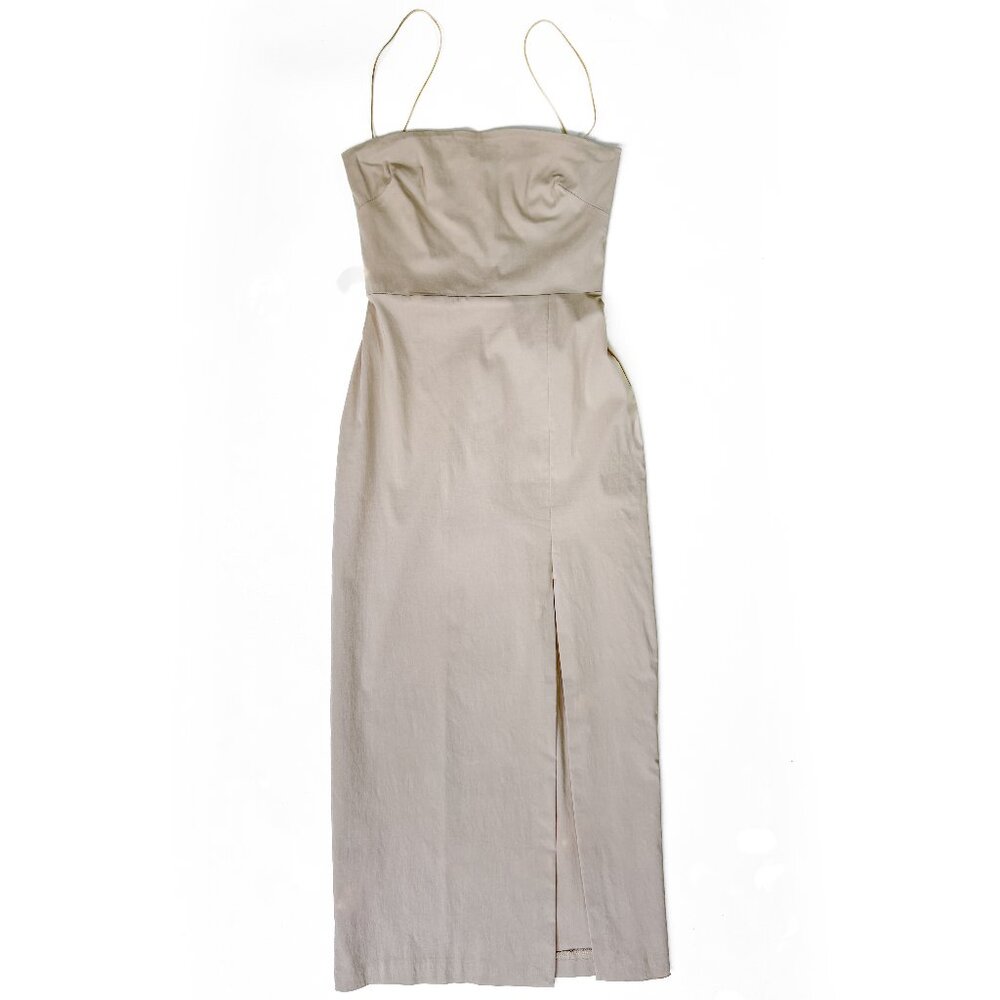 Vesper Bengaline Cami Strap Midi dDress with Thigh Split in Ecru